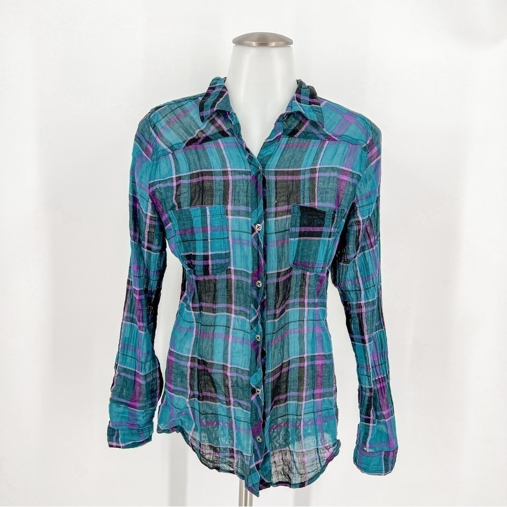Maurices Blue Plaid top with see through back